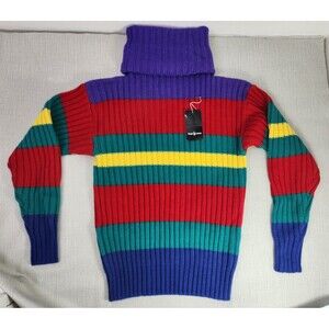 Ralph Lauren Vintage Medium Turtleneck Sweater 100% Wool Multicolor Striped RARE